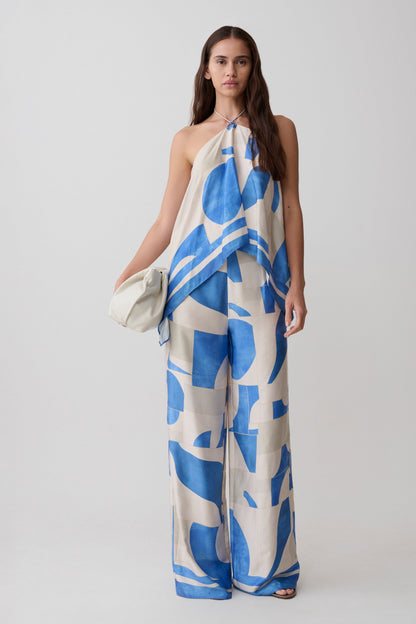 Adelaide Draped Satin Halter Top - Blue Geo Tile Print