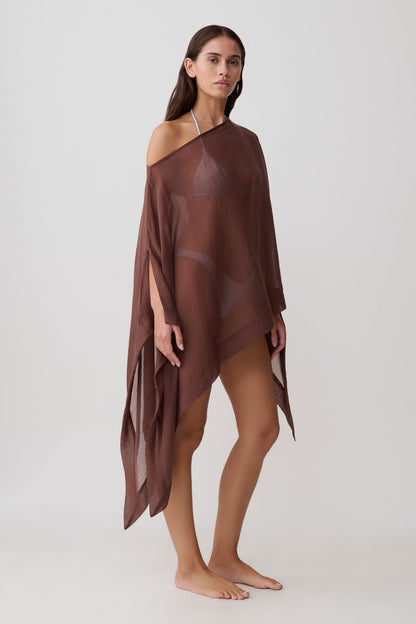Leilani Sheer Draped Asymmetric Top - Chocolate