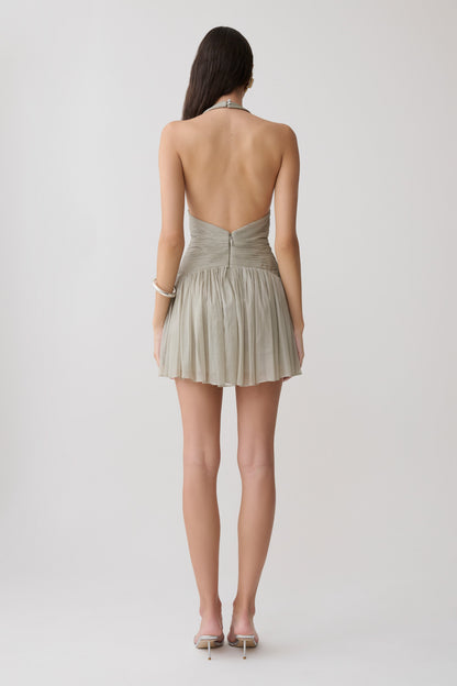 Lucille Halter Pleated Mini Dress - Silver