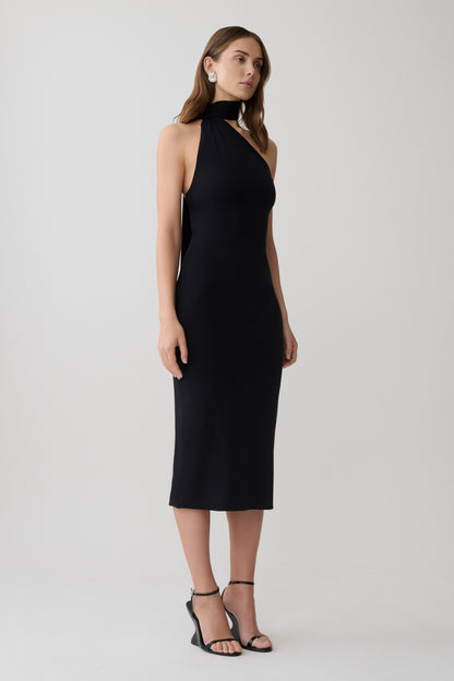 Jemma One Shoulder Tie Midi Dress - Black