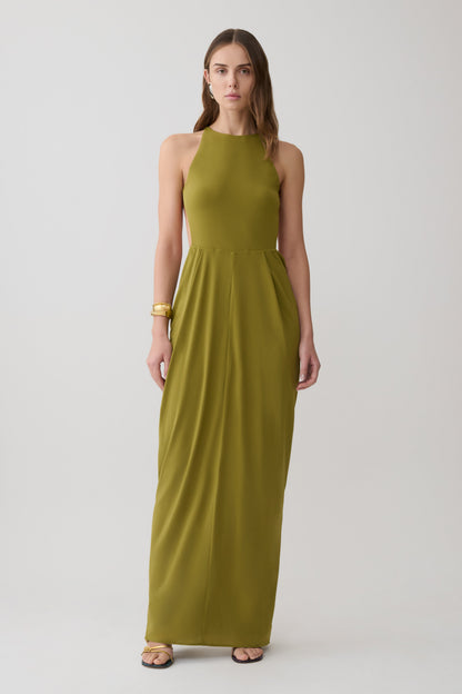 Bahari Low Back Halter Maxi Dress - Vintage Olive