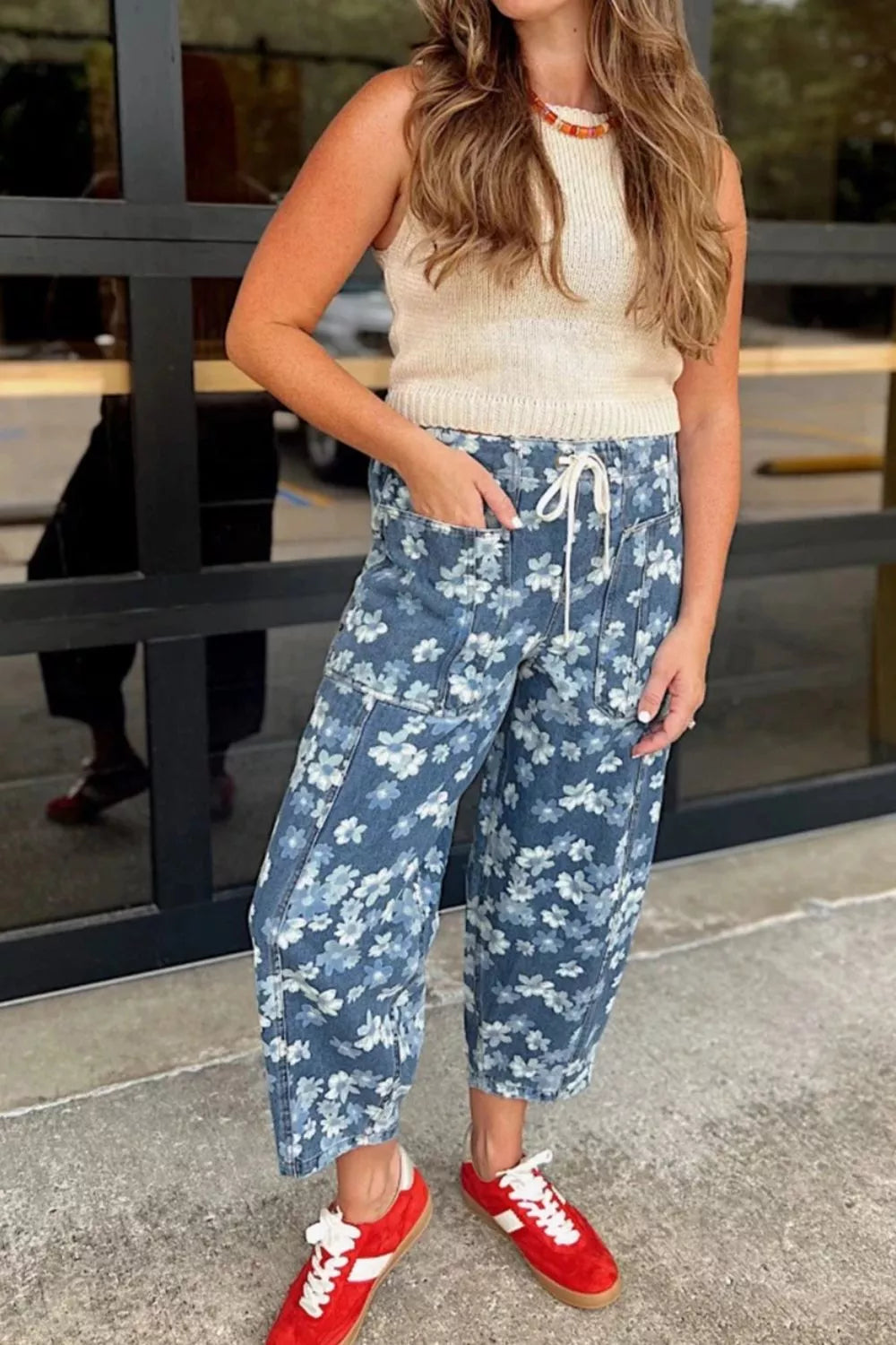 Hazel Blues® |  Dainty Floral Printed Drawstring Barrel Jeans