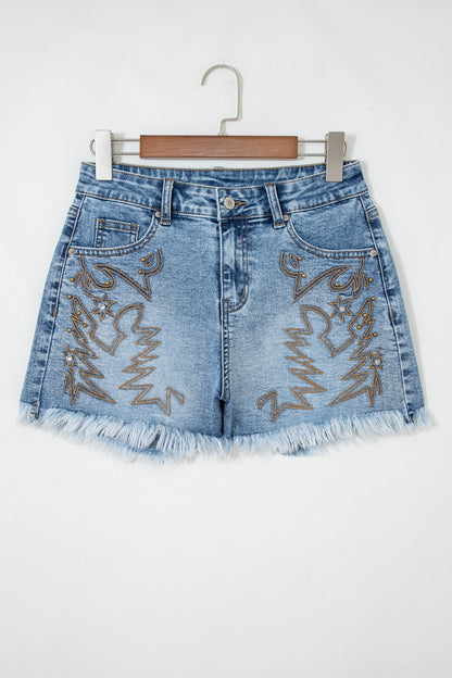 Hazel Blues® |  Dusk Blue Western Embroidery Stud Denim Shorts Summer Daily Wear