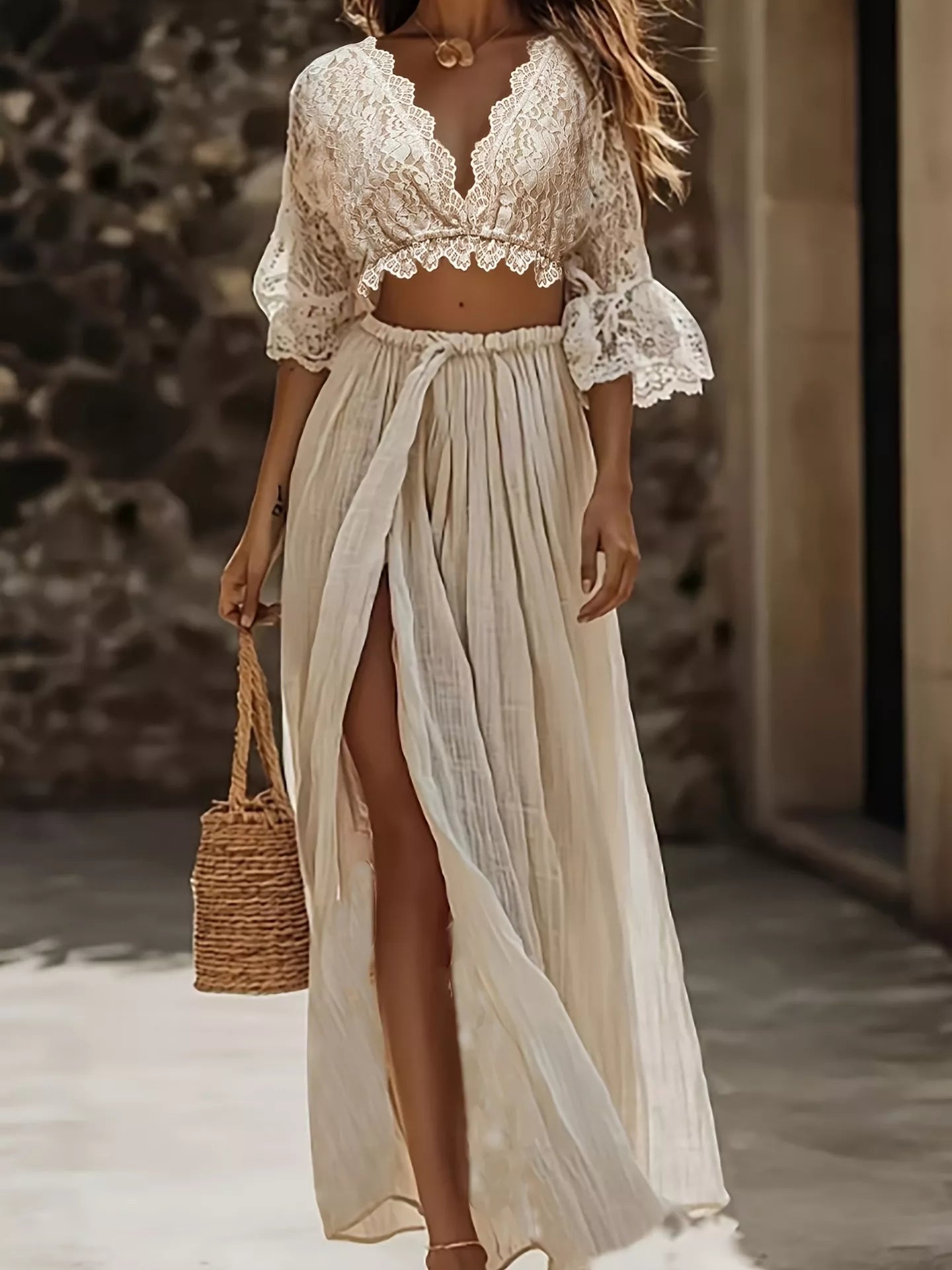 Hazel Blues® |  Lace Crop Top and Slit Maxi Skirt Set