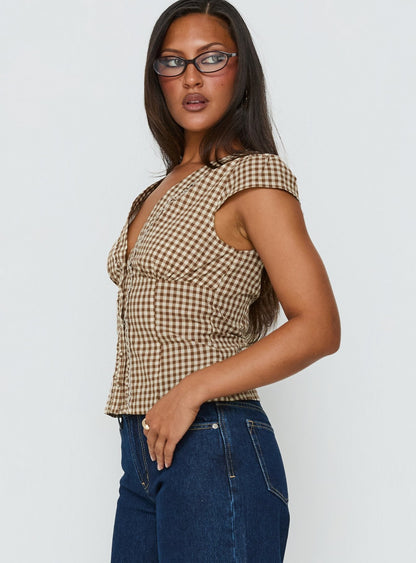 Bradlie Frill Detail Short Sleeve Blouse Top Chocolate Gingham