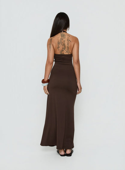 Cadira Ruched Halter Maxi Dress Chocolate