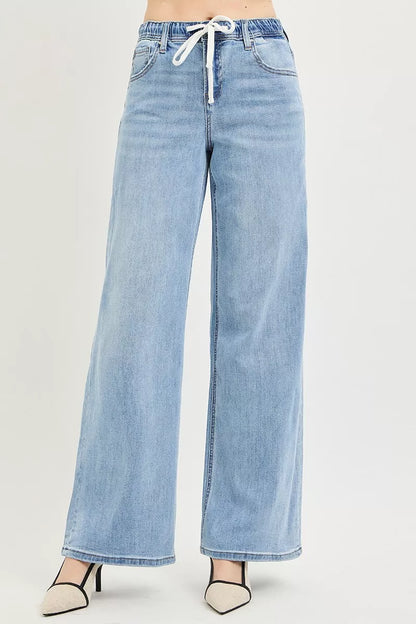 Hazel Blues® |  RISEN Elastic Band Slouchy Wide Jeans with Drawstring