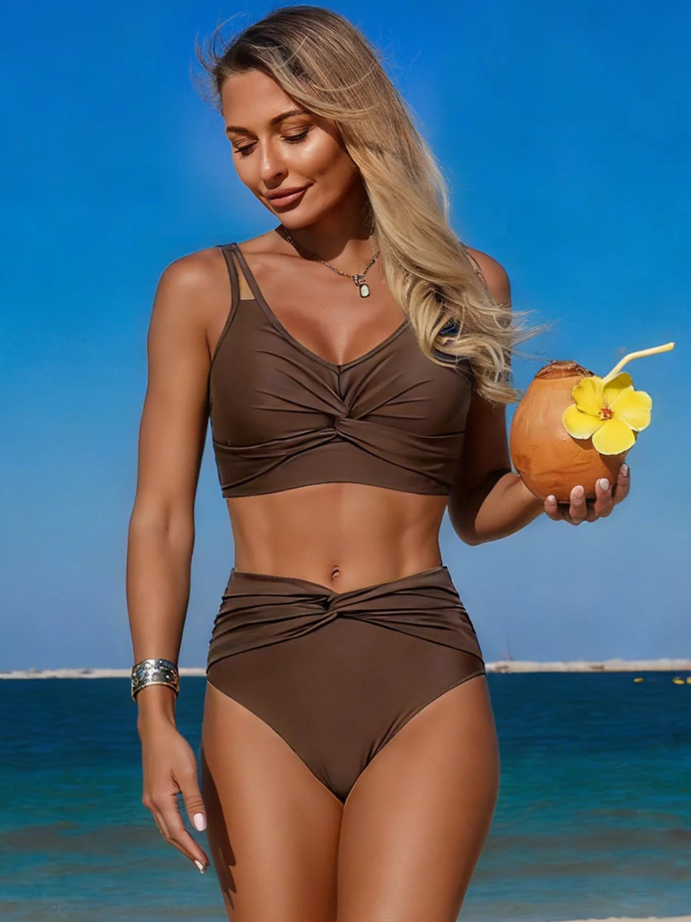 Hazel Blues® |  Twist Front High Waisted Swim Set
