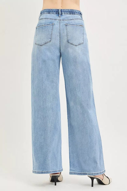 Hazel Blues® |  RISEN Elastic Band Slouchy Wide Jeans with Drawstring