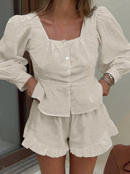 Hazel Blues® |  Button Front Lantern Sleeve Top and Shorts Set
