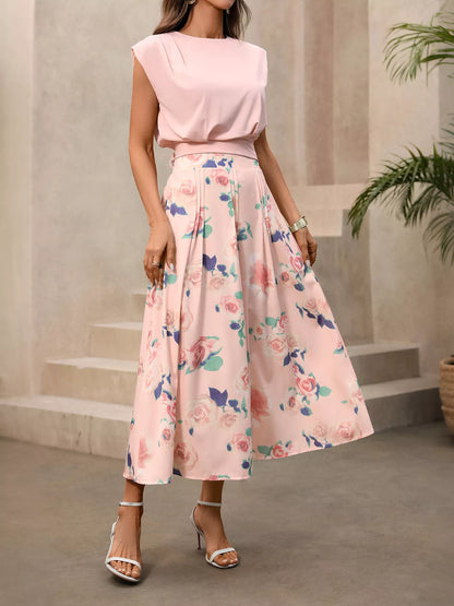 Hazel Blues® |  Round Neck Top and Floral Print Skirt Two-Piece Set