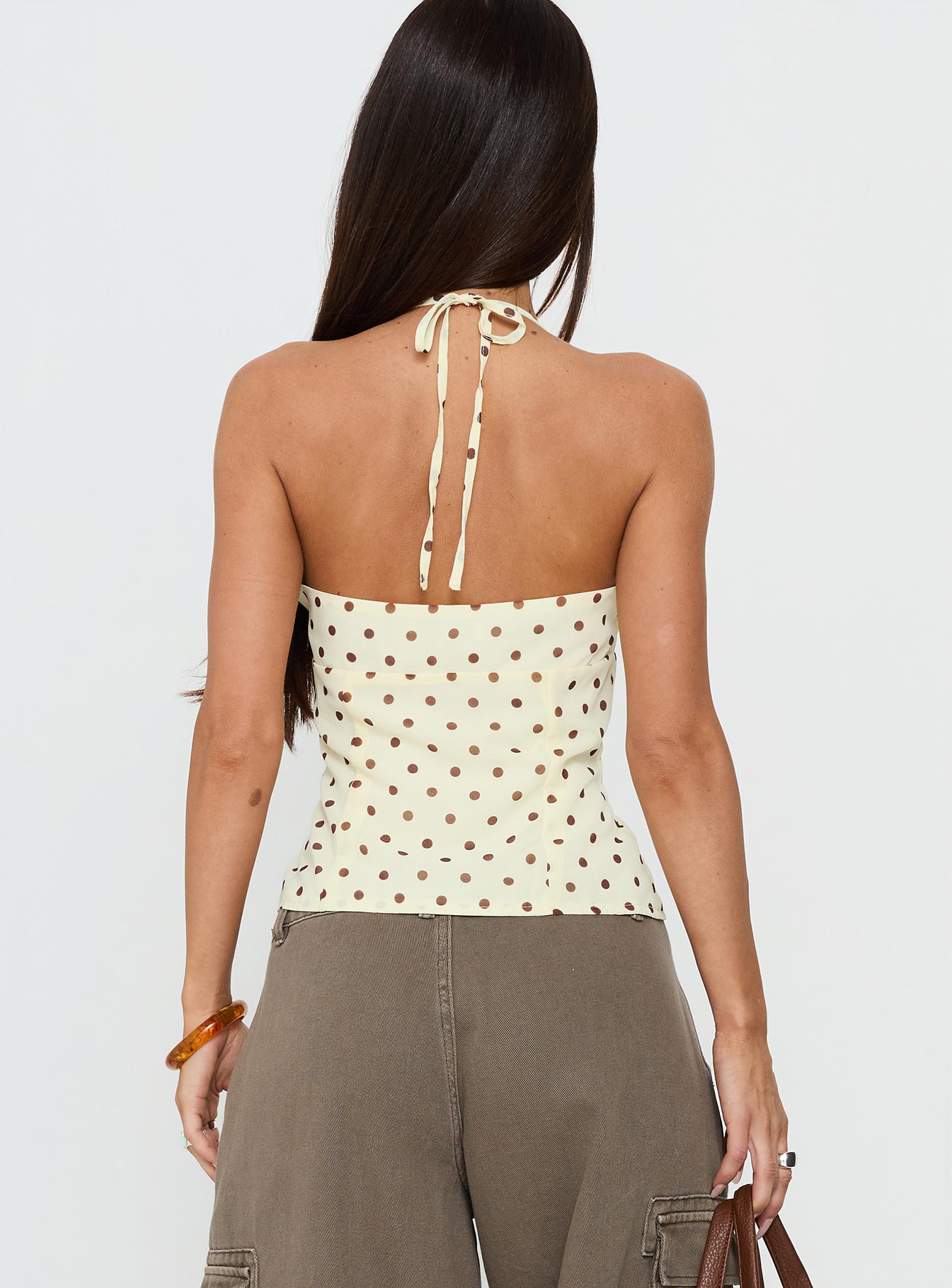 Bon Bon Tie Neck Top Yellow / Brown Polka