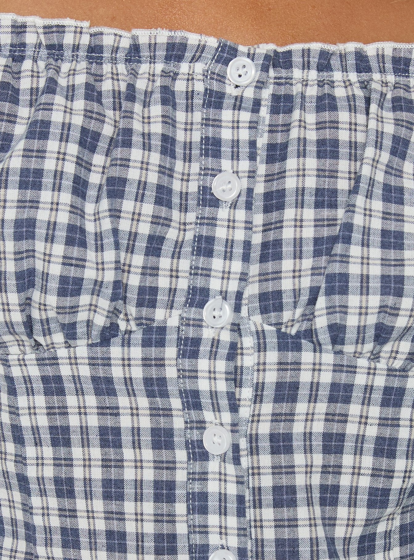 Bravely Off Shoulder Button Up Top Blue Check
