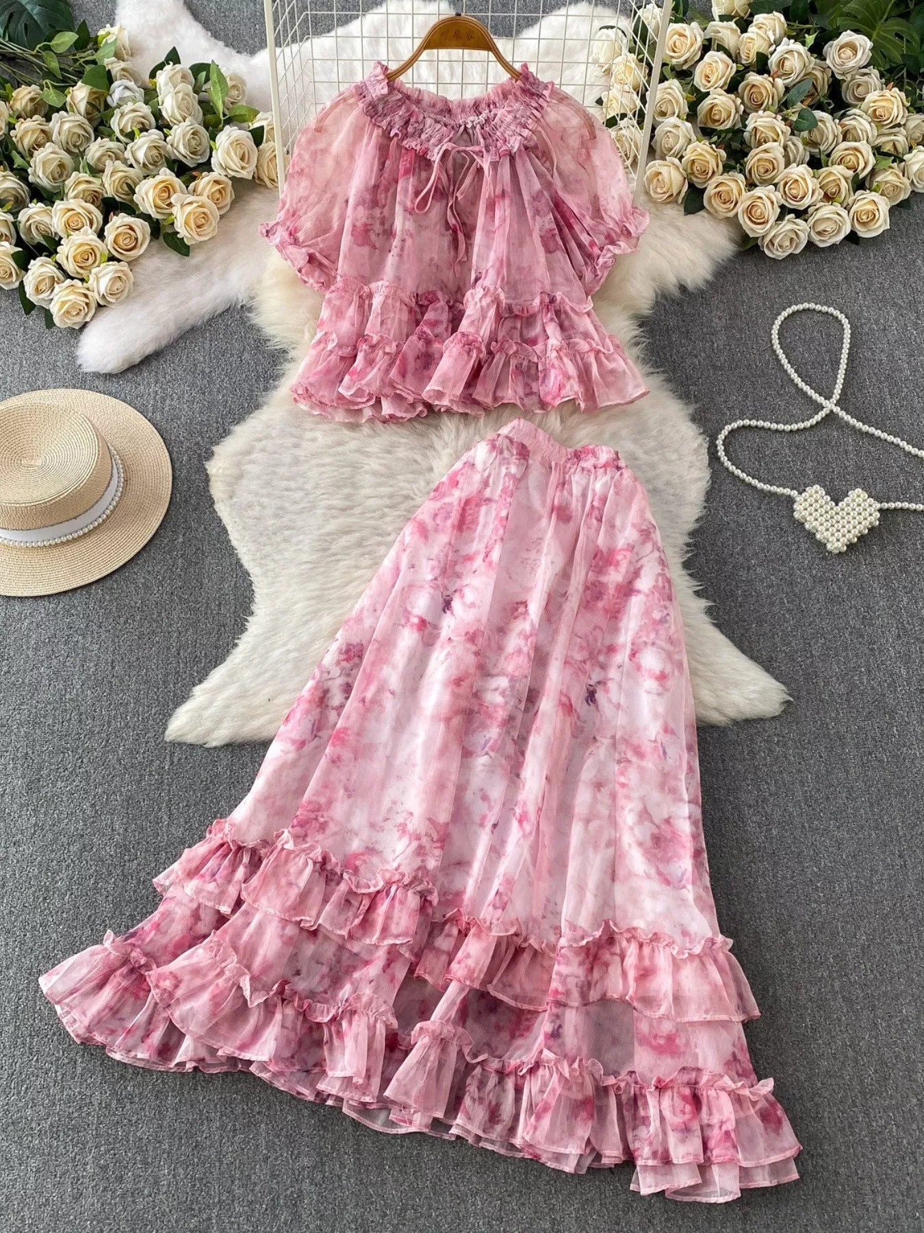 Hazel Blues® |  Floral Print Ruffle Hem Blouse and Skirt Set