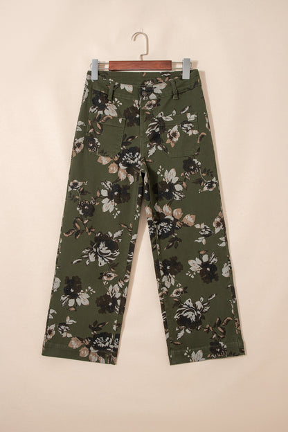 Hazel Blues® |  Green Vintage Floral Print Square Patch Pocket Raw Hem Shift Jeans