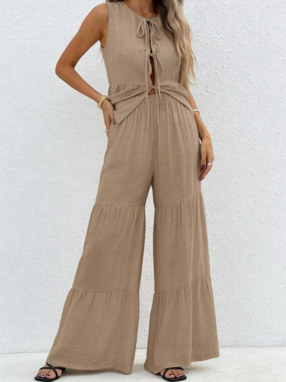 Hazel Blues® |  Sleeveless Tie-Front Top and Wide Leg Pants Set