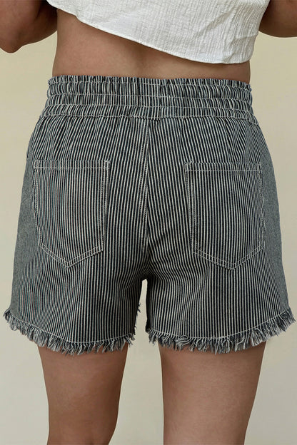Hazel Blues® |  Black Stripe Raw Edge Drawstring Elastic Waist Casual Denim Shorts