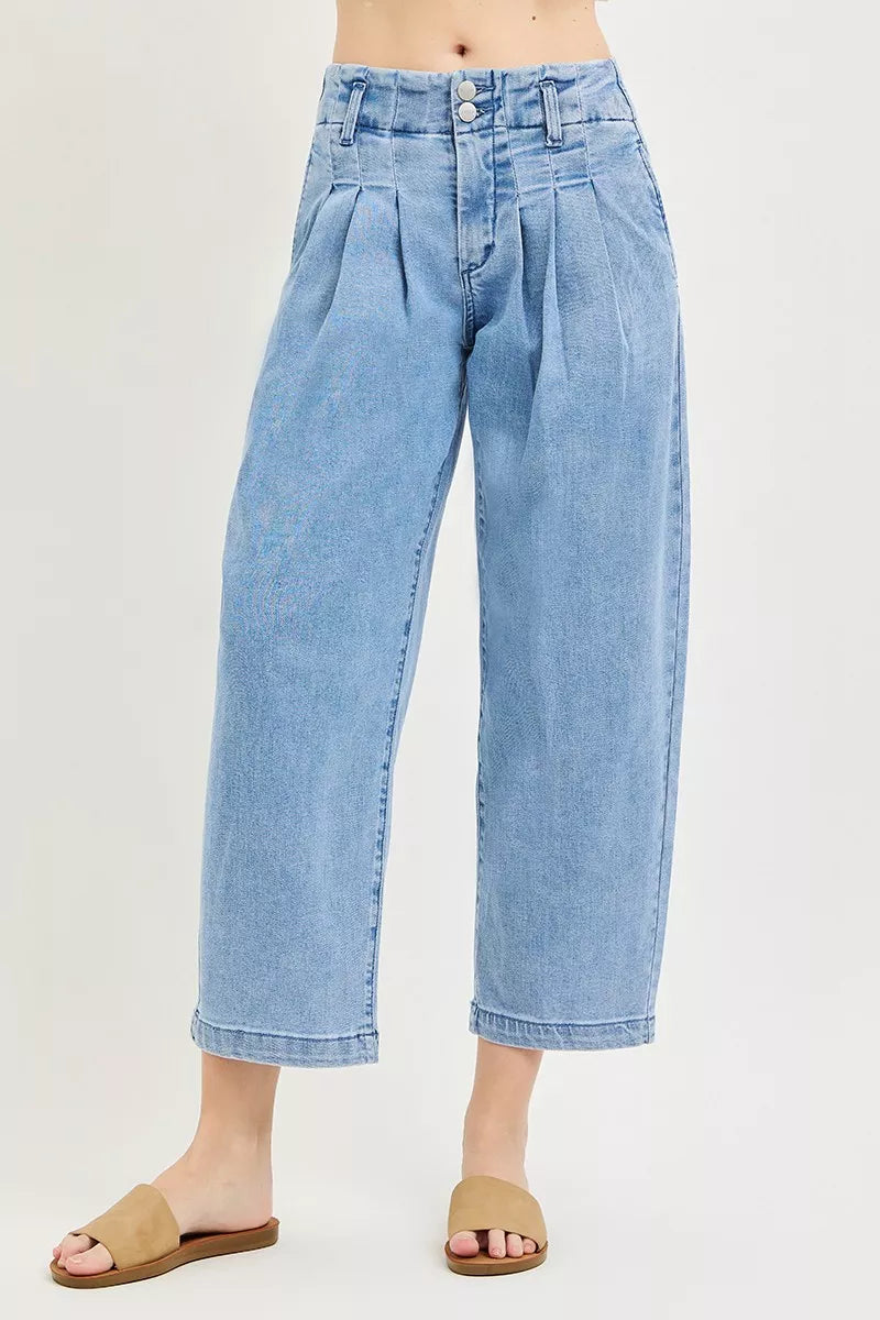 Hazel Blues® |  RISEN Slouchy Crop Barrel Pleated Jeans