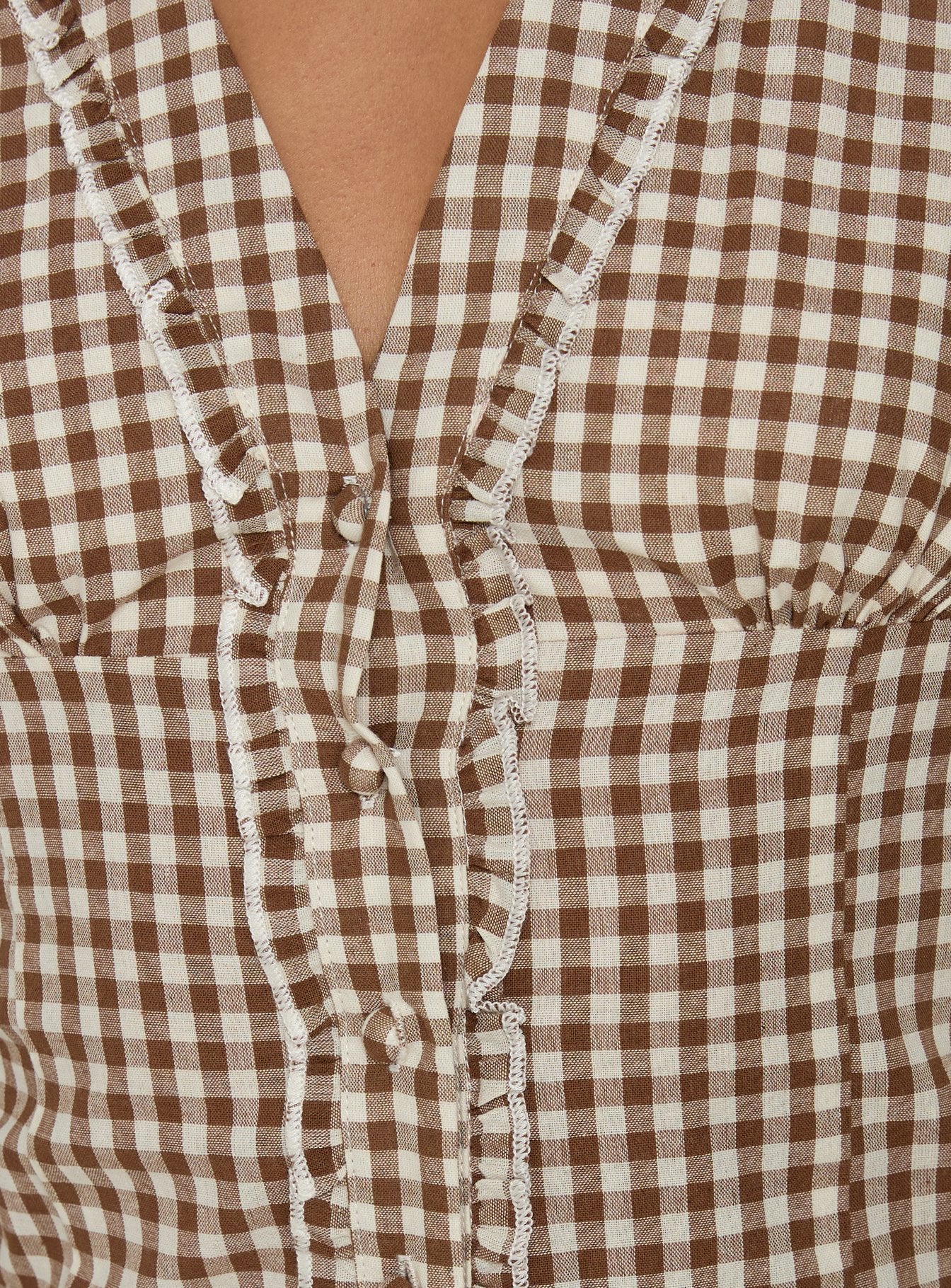 Bradlie Frill Detail Short Sleeve Blouse Top Chocolate Gingham