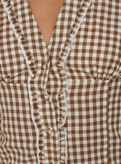 Bradlie Frill Detail Short Sleeve Blouse Top Chocolate Gingham