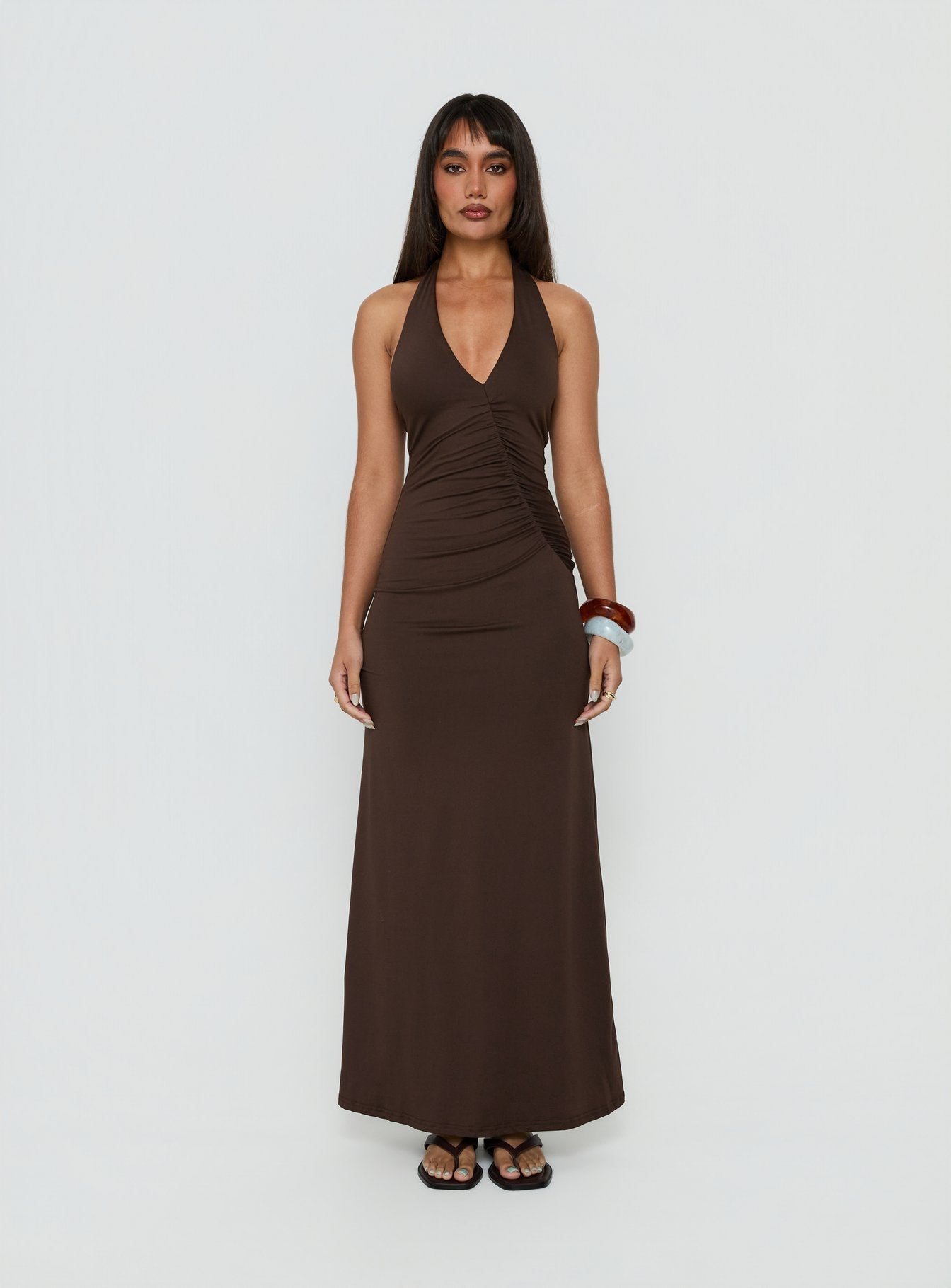 Cadira Ruched Halter Maxi Dress Chocolate