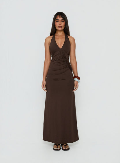 Cadira Ruched Halter Maxi Dress Chocolate