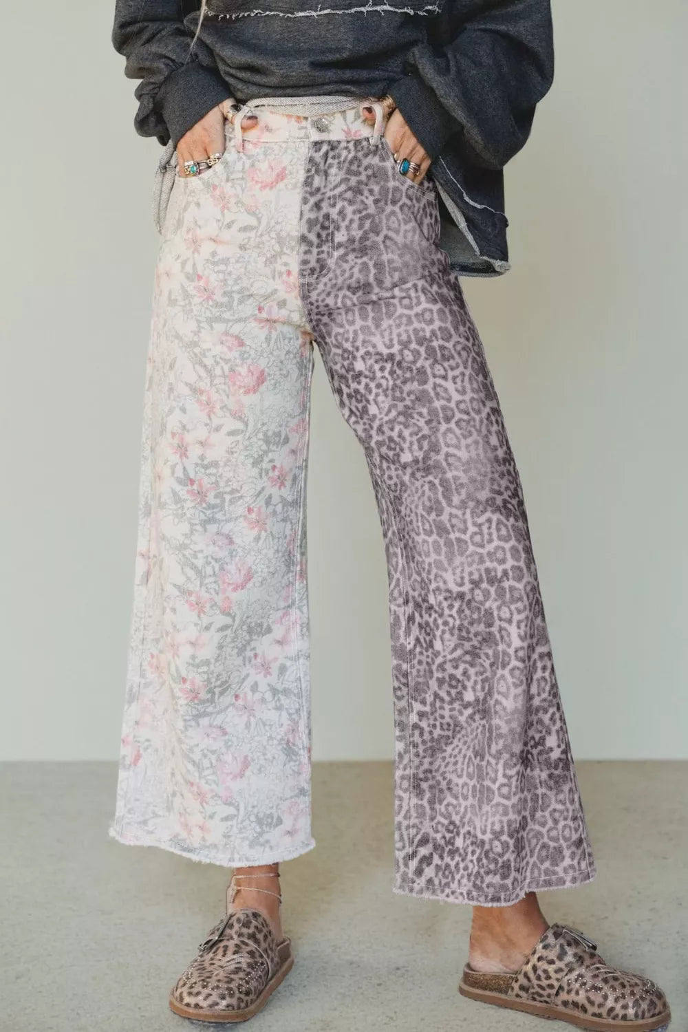 Hazel Blues® |  Wild Side Jeans | Leopard Floral Wide Leg Jeans