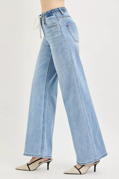 Hazel Blues® |  RISEN Elastic Band Slouchy Wide Jeans with Drawstring
