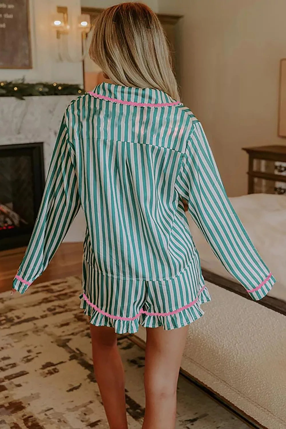 Hazel Blues® |  Stripe Contrast Ricrac Trim Long Sleeve Shirt Drawstring Ruffled Pajama Short Set