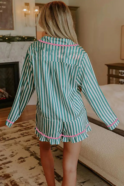Hazel Blues® |  Stripe Contrast Ricrac Trim Long Sleeve Shirt Drawstring Ruffled Pajama Short Set