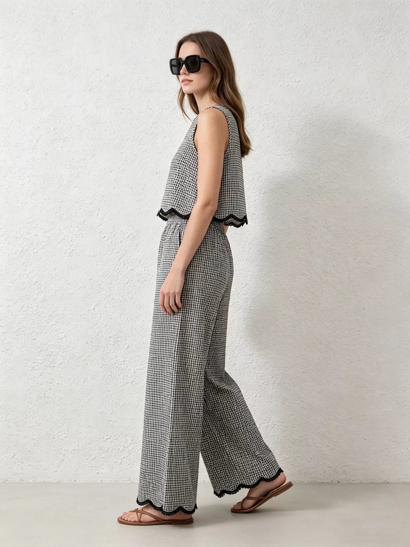 Hazel Blues® |  Plaid Scalloped Trim Tank and Pants Set