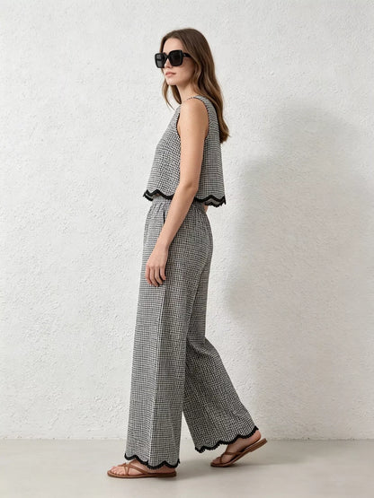 Hazel Blues® |  Plaid Scalloped Trim Tank and Pants Set