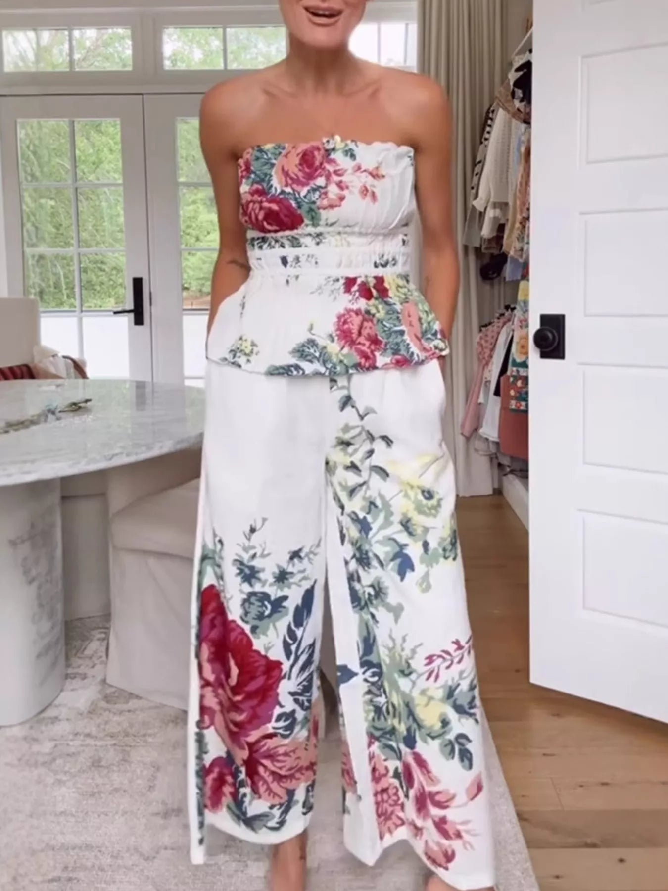 Hazel Blues® |  Floral Print Strapless Top and Wide-Leg Pants Set