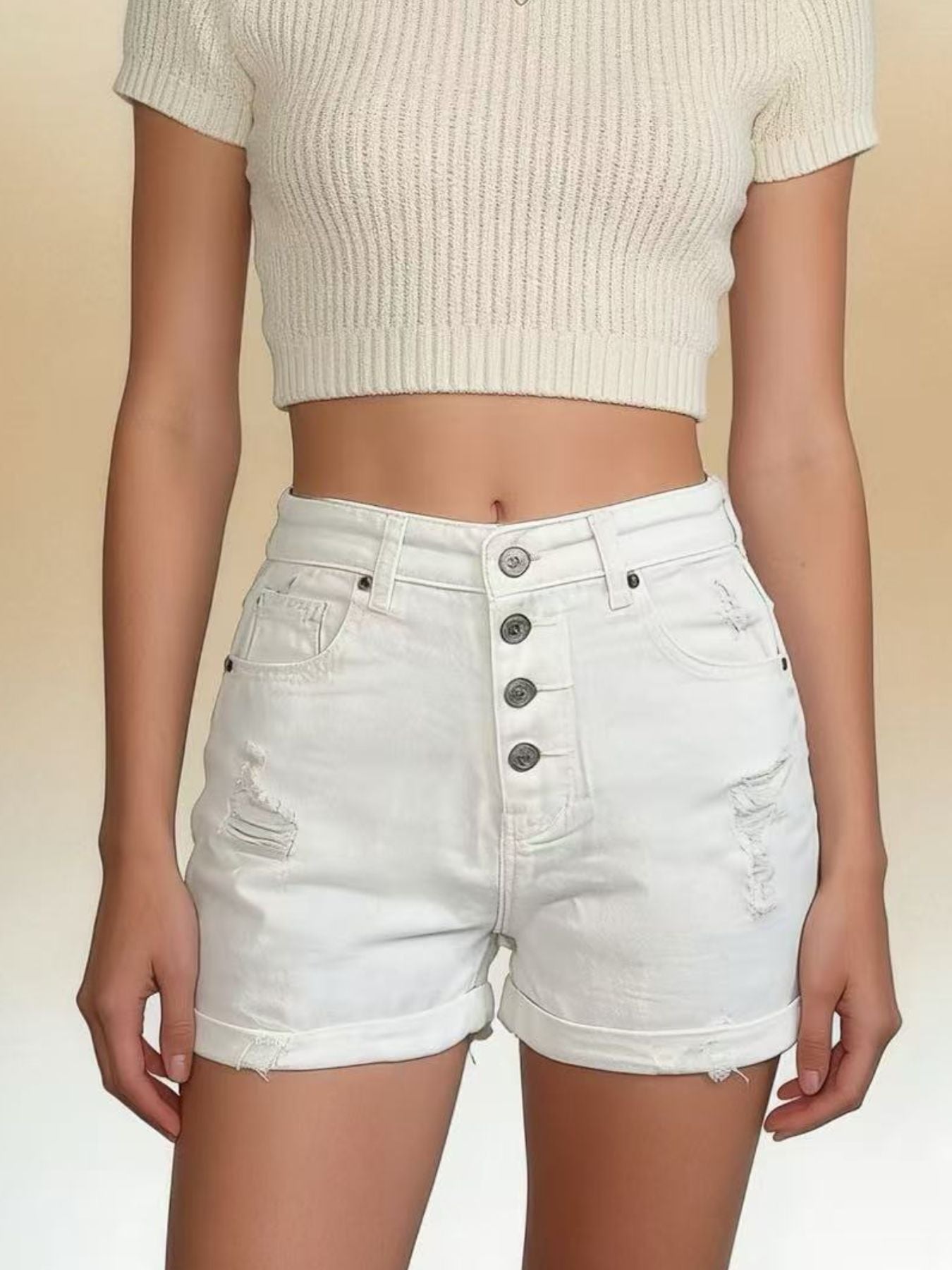 Hazel Blues® |  High-Waisted Button-Fly Distressed Denim Shorts