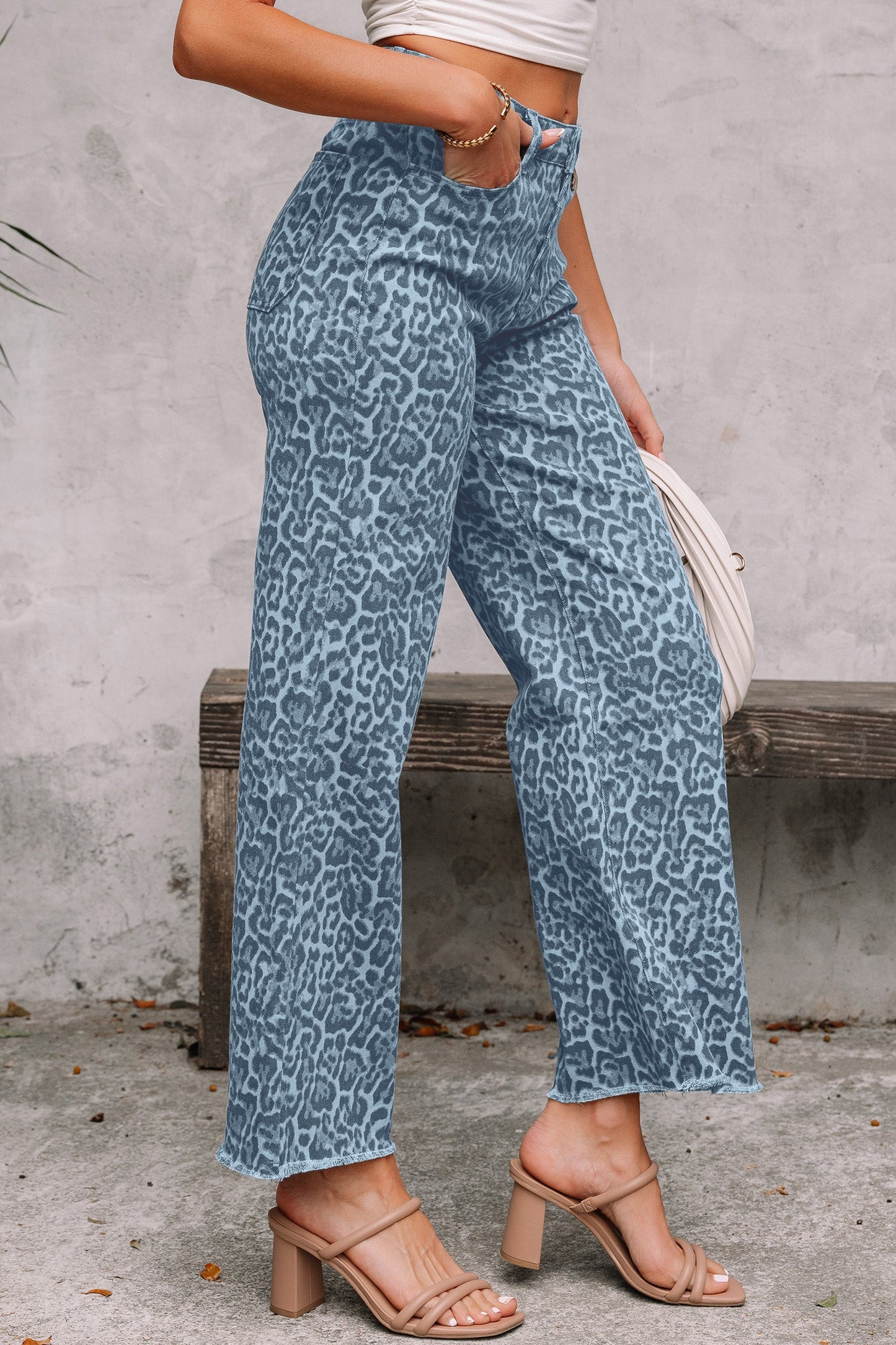 Hazel Blues® |  Gray Leopard Frayed Edge Wide Leg High Waist Jeans