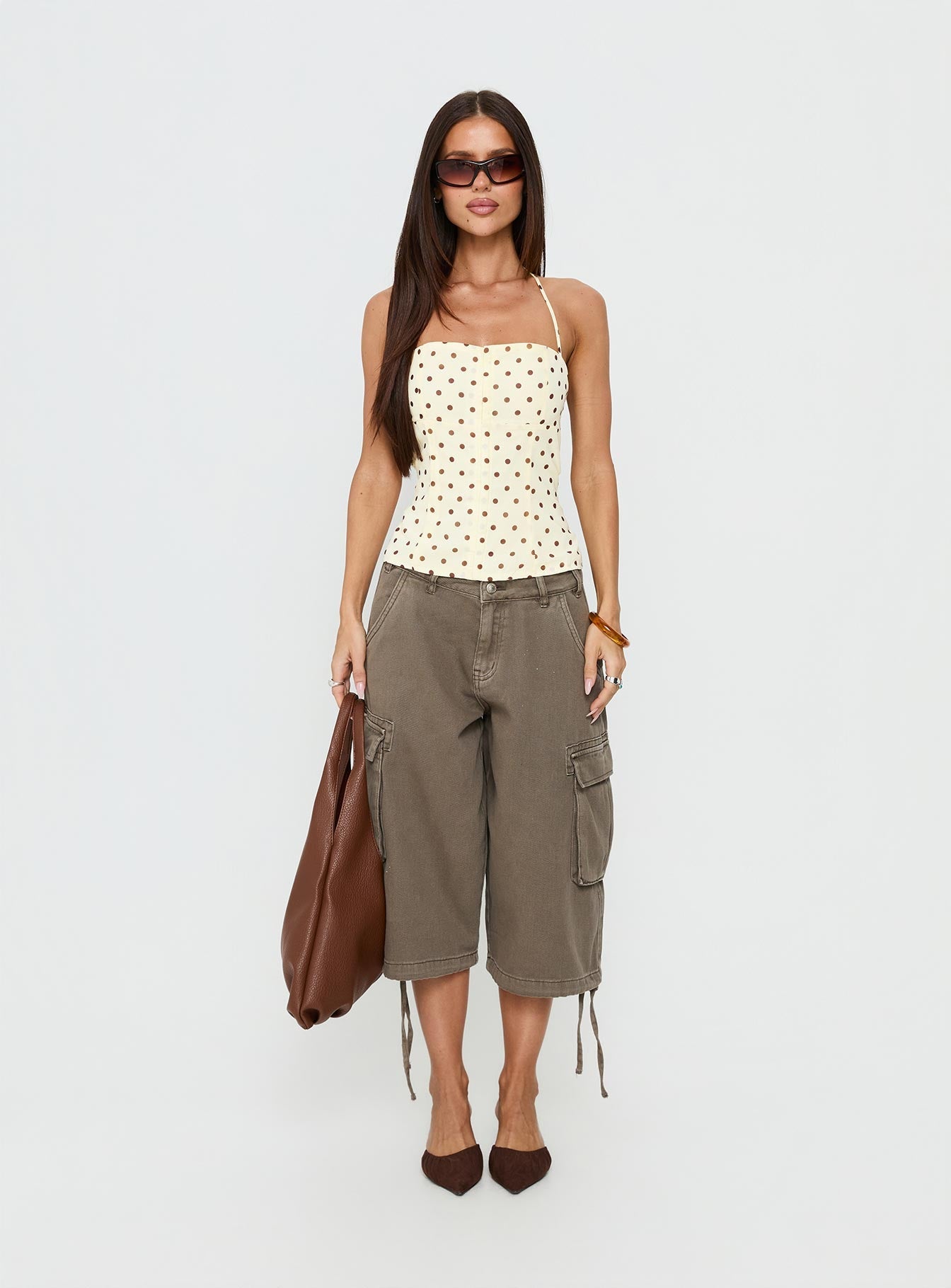 Bon Bon Tie Neck Top Yellow / Brown Polka