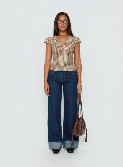 Bradlie Frill Detail Short Sleeve Blouse Top Chocolate Gingham