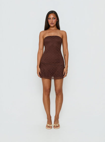Cavalier Strapless Lace Mini Dress Chocolate