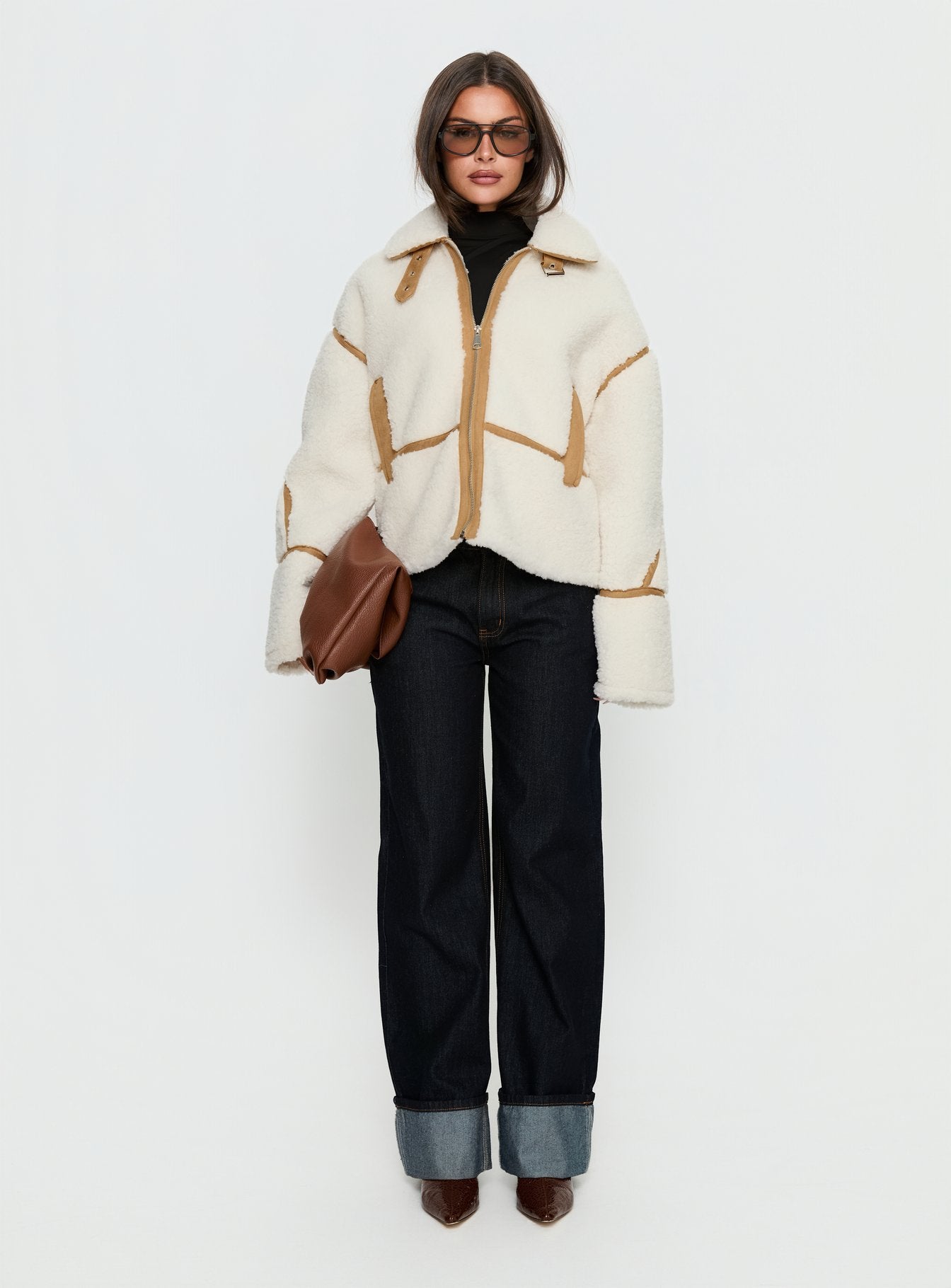 Briane Contrast Teddy Jacket White