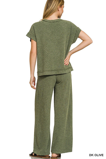 Hazel Blues® |  Zenana Washed Slub Short Sleeve Tee & Long Pants Set
