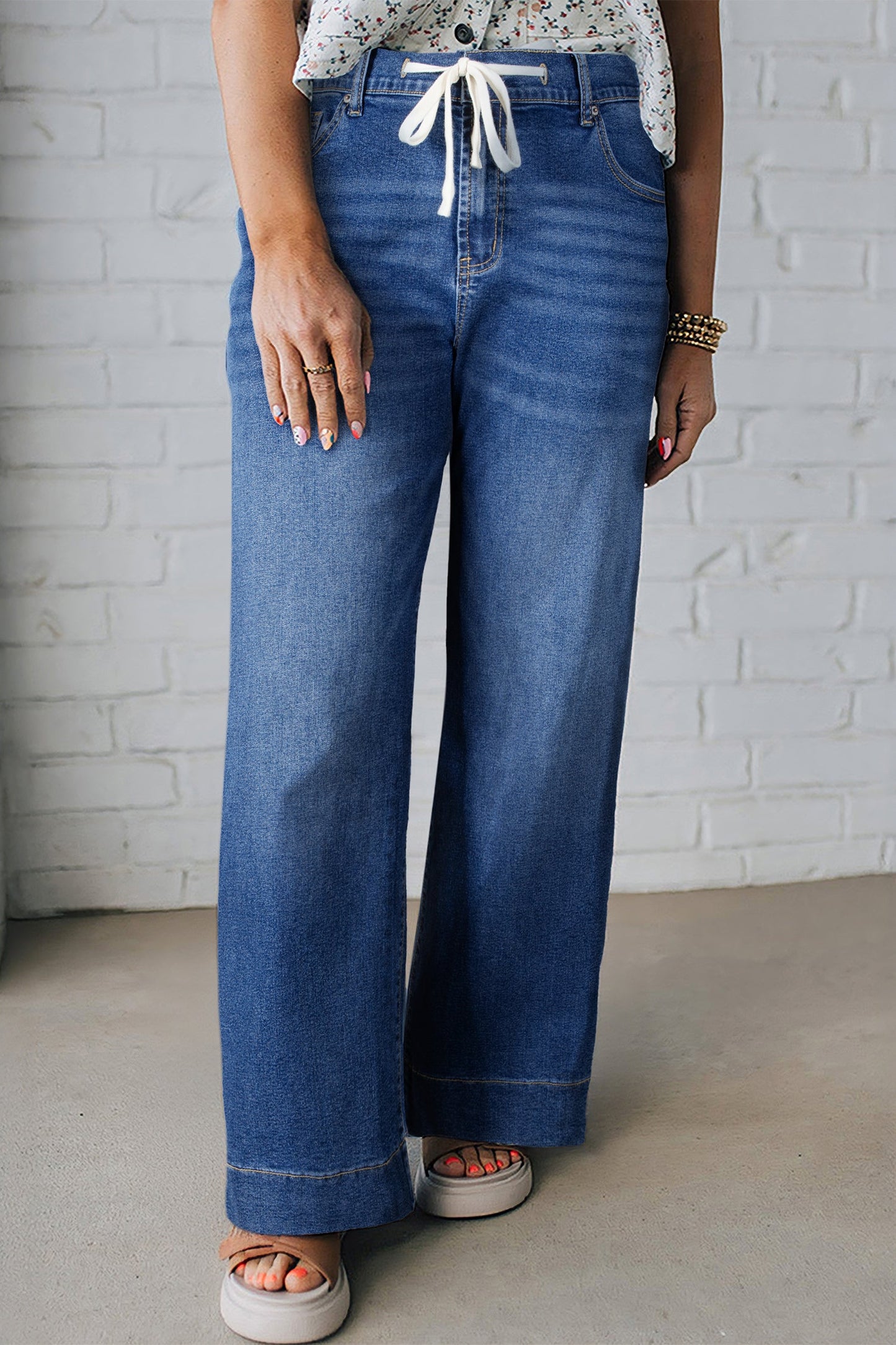 Hazel Blues® | Blue Acid Wash Contrast Lace-up Jeans