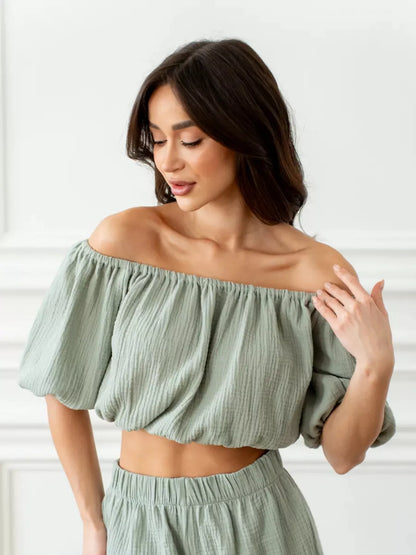 Hazel Blues® |  Off-Shoulder Cropped Top and Shorts Set