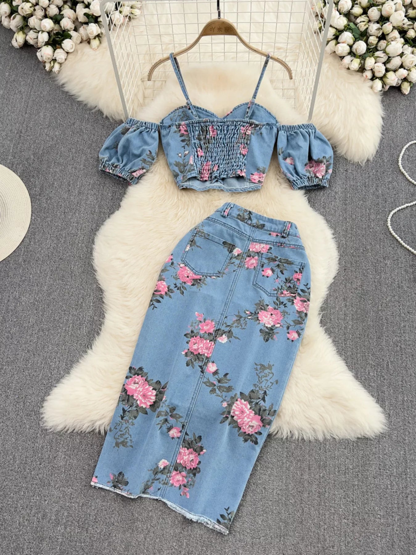 Hazel Blues® |  Floral Print Sweetheart Neck Cami and Skirt Denim Set