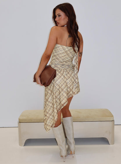 Cambria Strapless Scarf Midi Dress Yellow Check