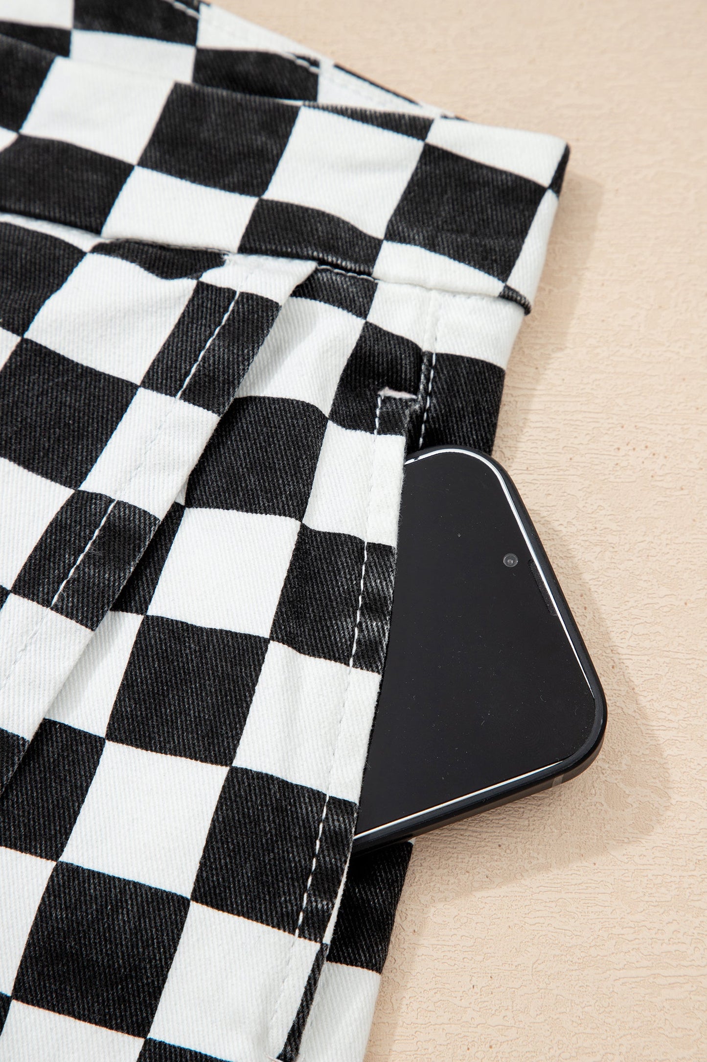 Hazel Blues® |  Black Checkered Print Overlap Denim Shorts