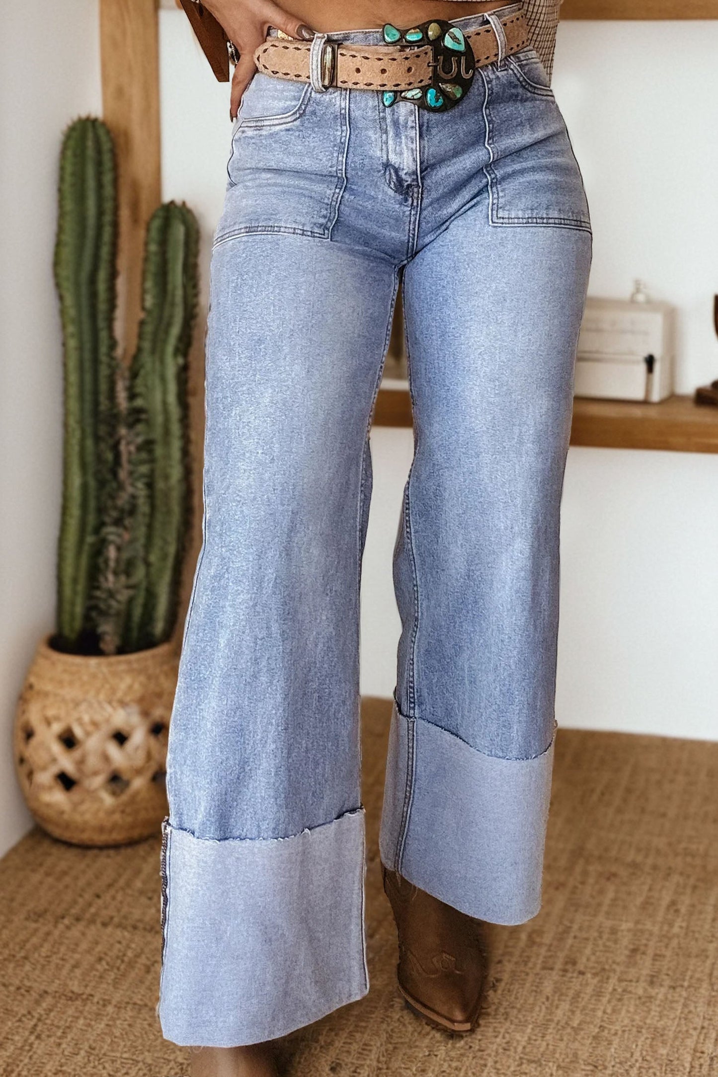 Hazel Blues® |  Beau Blue Turn-up Cuffs Womens Loose Jeans