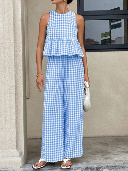 Hazel Blues® |  Gingham Sleeveless Top and Wide-Leg Pants Set