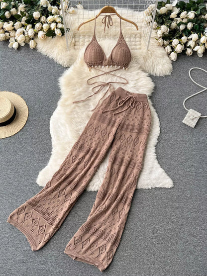 Hazel Blues® |  Crochet Knit Halter Neck Top and Wide Leg Pants Set