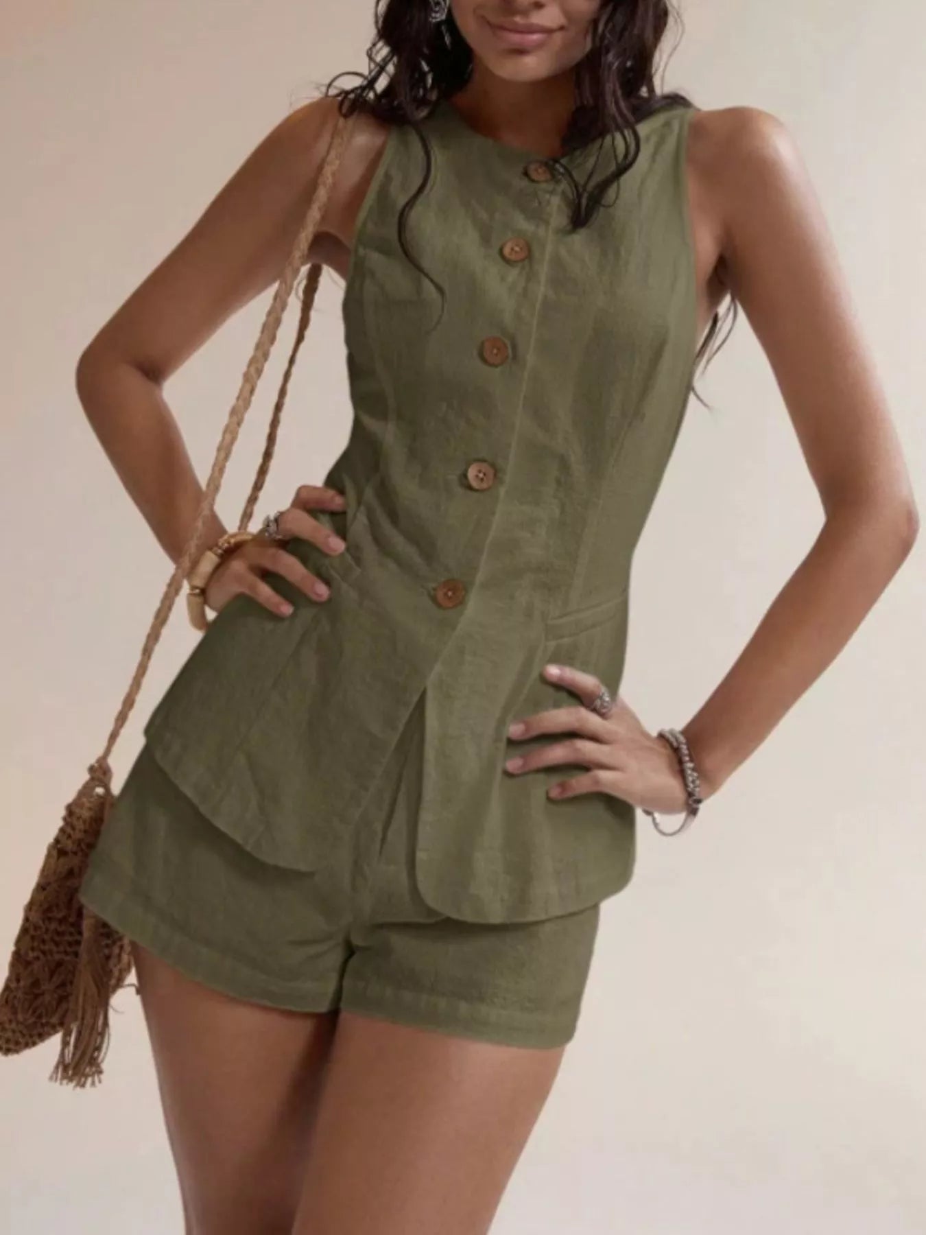 Hazel Blues® |  Button-Down Sleeveless Top and Shorts Set
