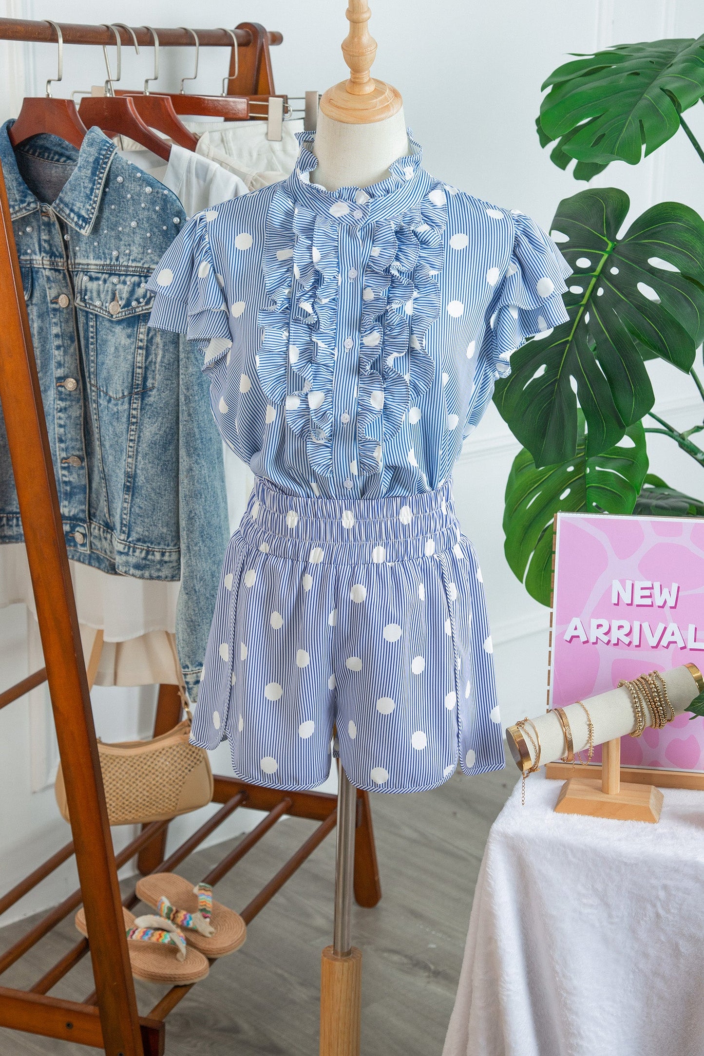 Hazel Blues® |  Apricot Polka Dot Print Shirred High Waist Casual Shorts